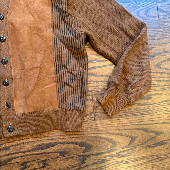 60s Vintage Brown wool blend knit and faux Suede and Knit Men's cardigan Sweater - Picture 3 of 8